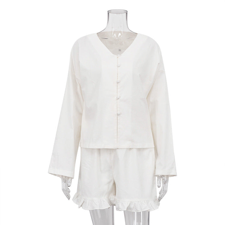 Summer Casual Two-Piece Set Beige Long Sleeve Shirt and High Waist Shorts