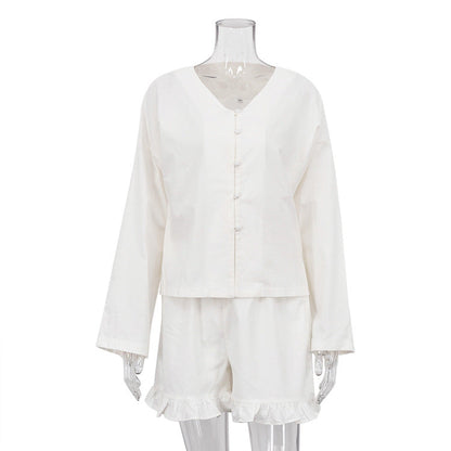 Summer Casual Two-Piece Set Beige Long Sleeve Shirt and High Waist Shorts