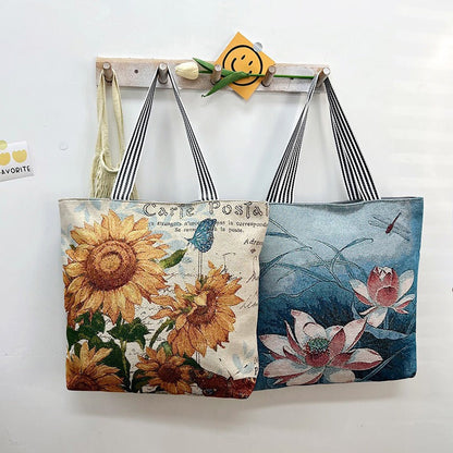 Large Capacity Tote Bag with Golden Embroidery Creative Pattern