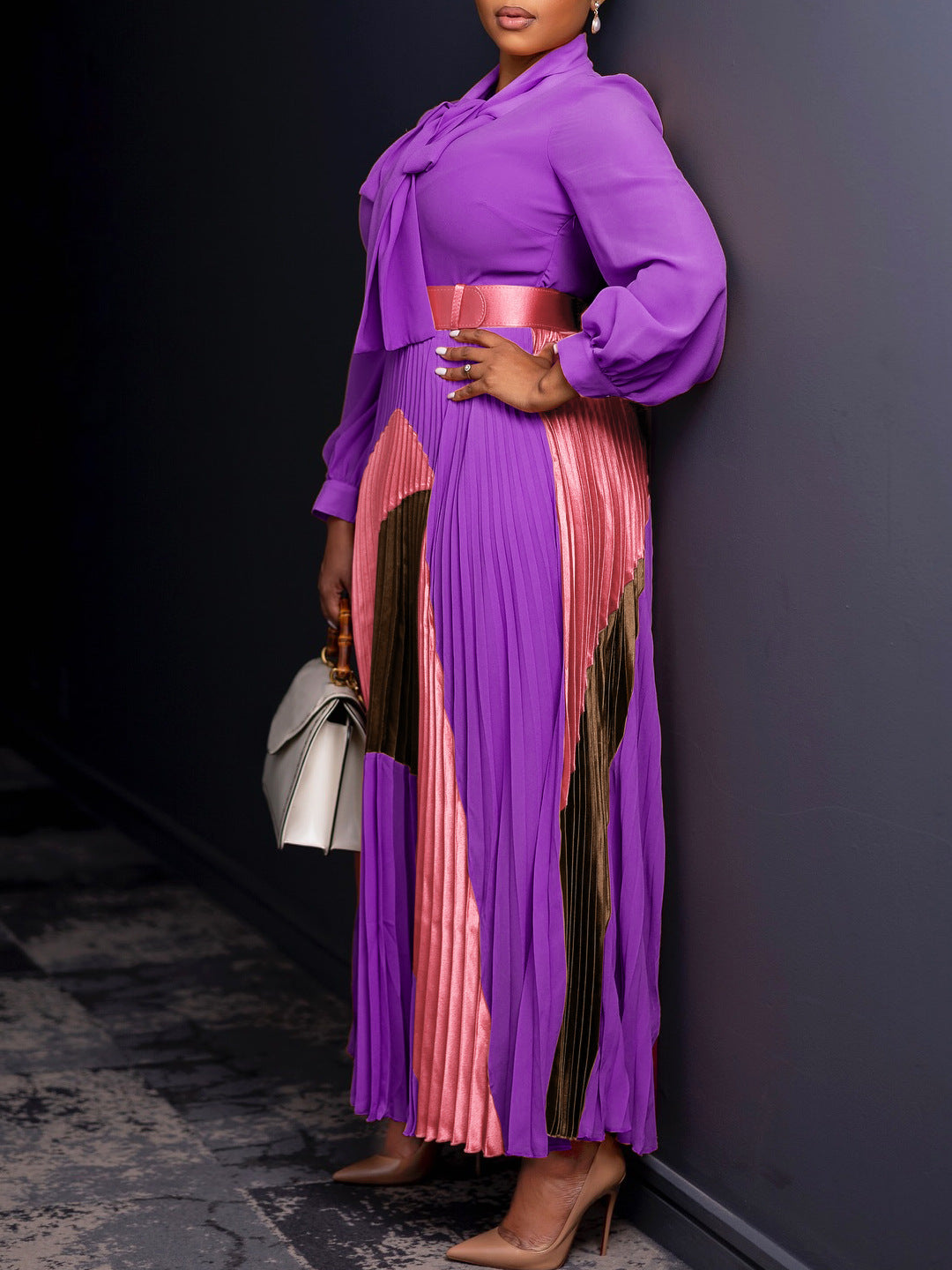 Elegant Color-Block A-Line Dress With Belt