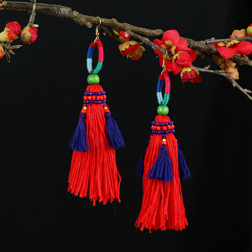 Retro National Style Contrast Color Pommel Earrings Exaggerated Personality Bohemian Holiday Long Tassel Temperament Earrings Women