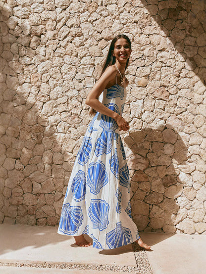 Elegant Floral Linen A-Line Midi Dress