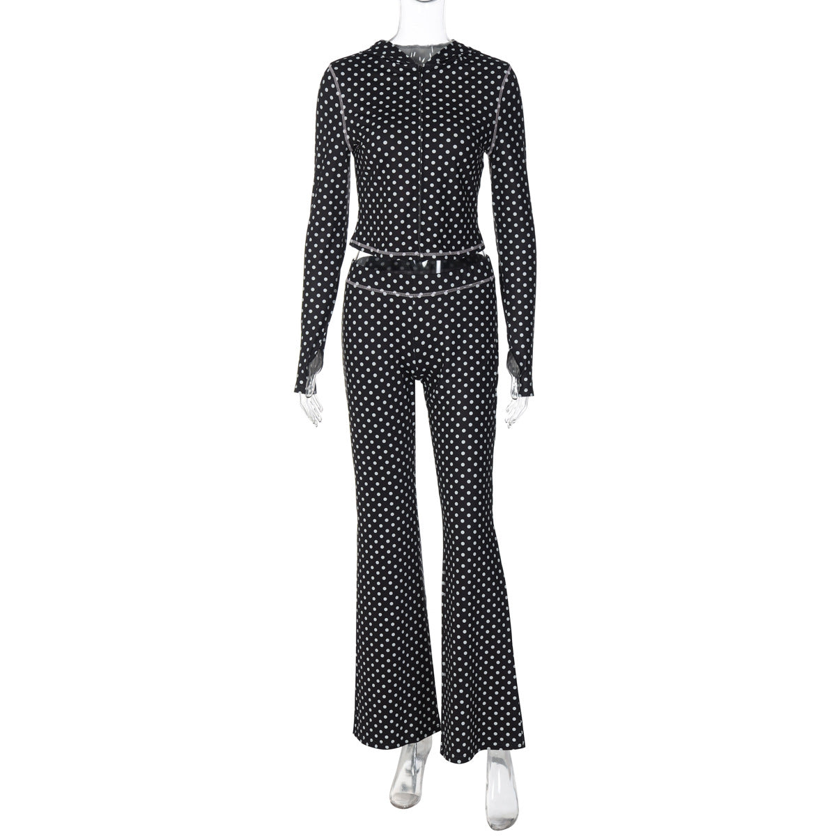 Trendy Polka Dot Hooded Cardigan and Color Block Pants Set