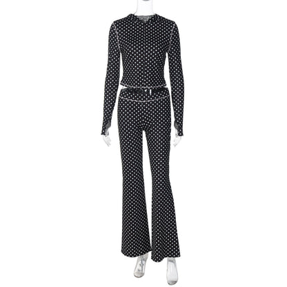 Trendy Polka Dot Hooded Cardigan and Color Block Pants Set