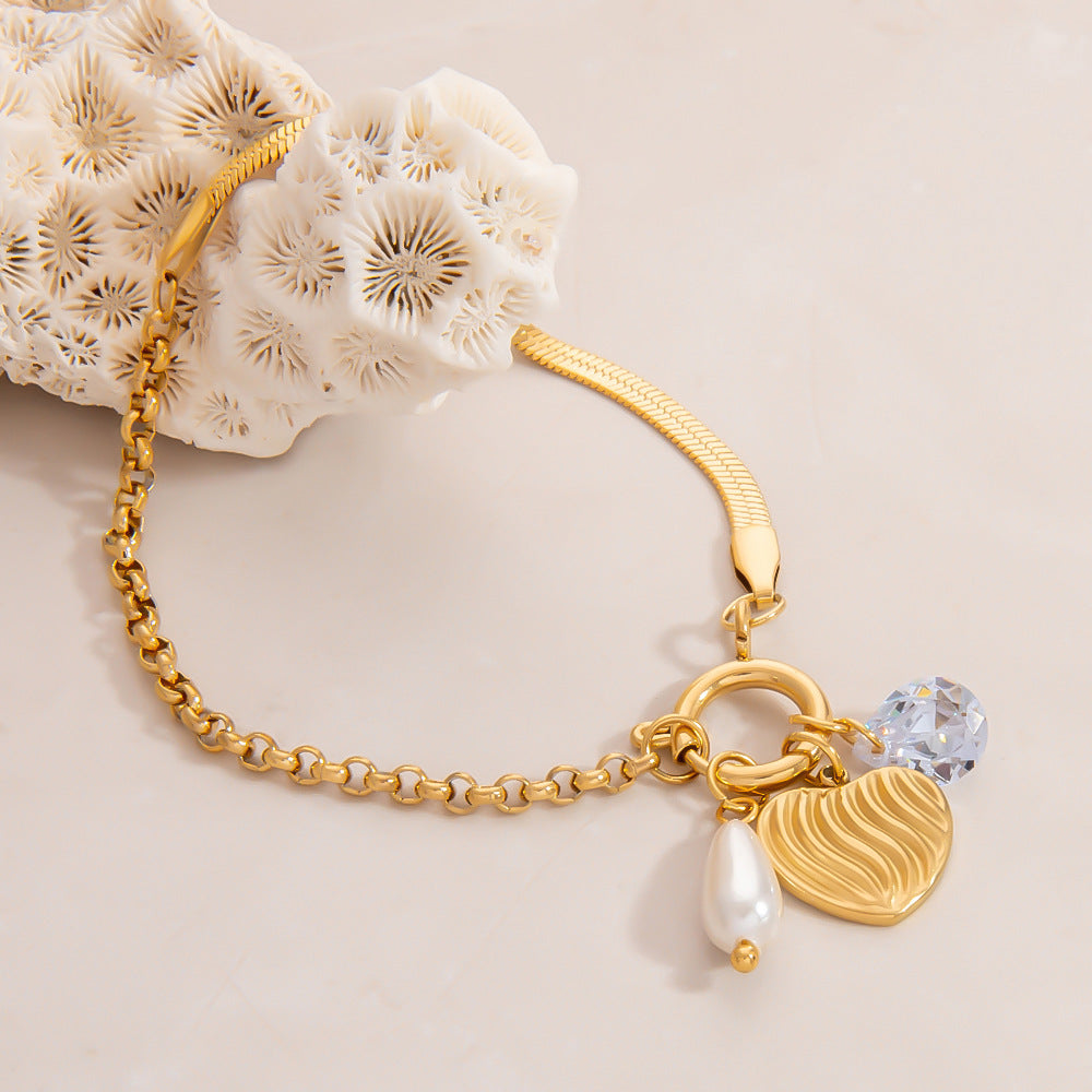 Stainless Steel Pearl Heart Pendant Bracelet Handcrafted DIY 18K Gold Plated Fashion Jewelry