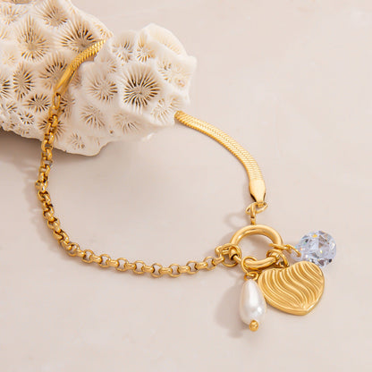 Stainless Steel Pearl Heart Pendant Bracelet Handcrafted DIY 18K Gold Plated Fashion Jewelry