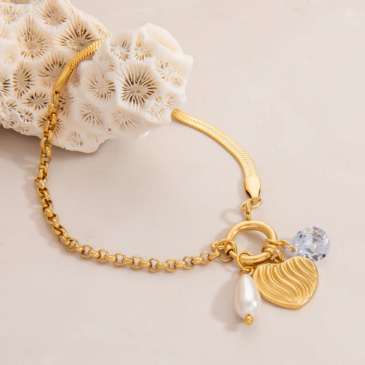 Stainless Steel Pearl Heart Pendant Bracelet Handcrafted DIY 18K Gold Plated Fashion Jewelry
