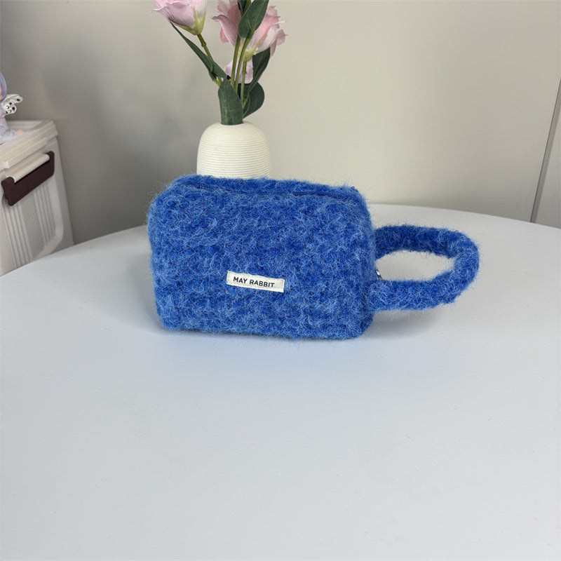 Simple Plush Solid Color Cosmetic Bag With Handle