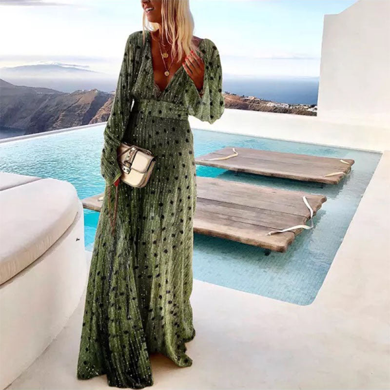 Fashionable Deep V Green Gradient Print Maxi Dress