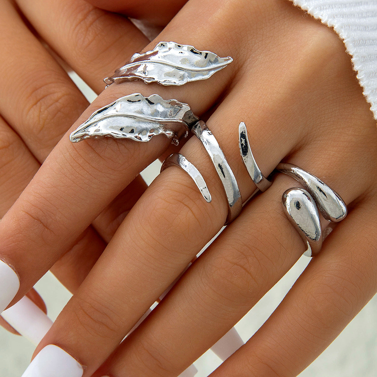 Geometric Hollow Statement Ring Set Stylish Mixed Metal Rings