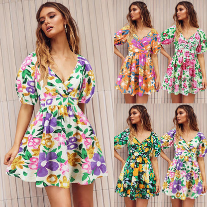Women‘S Wear Summer New V-Neck Printed Beach Lantern Sleeve Short Dress