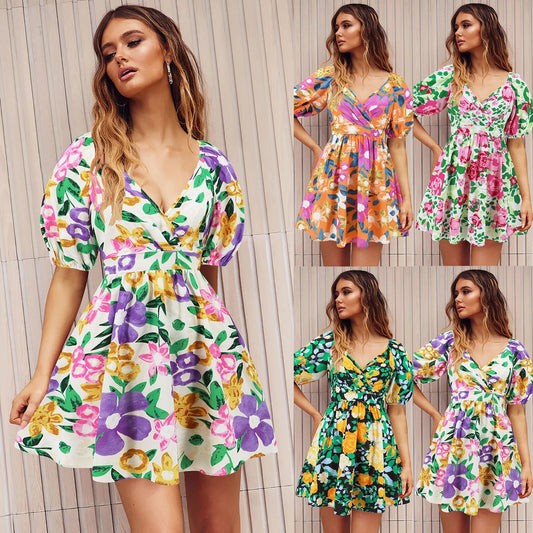 Women‘S Wear Summer New V-Neck Printed Beach Lantern Sleeve Short Dress