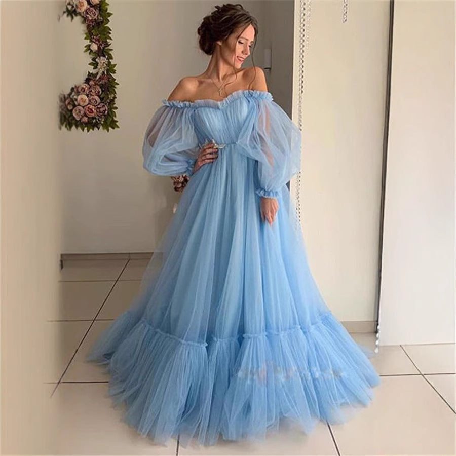 Off-Shoulder Tulle Long Sleeve Wedding Dress With Flared Skirt