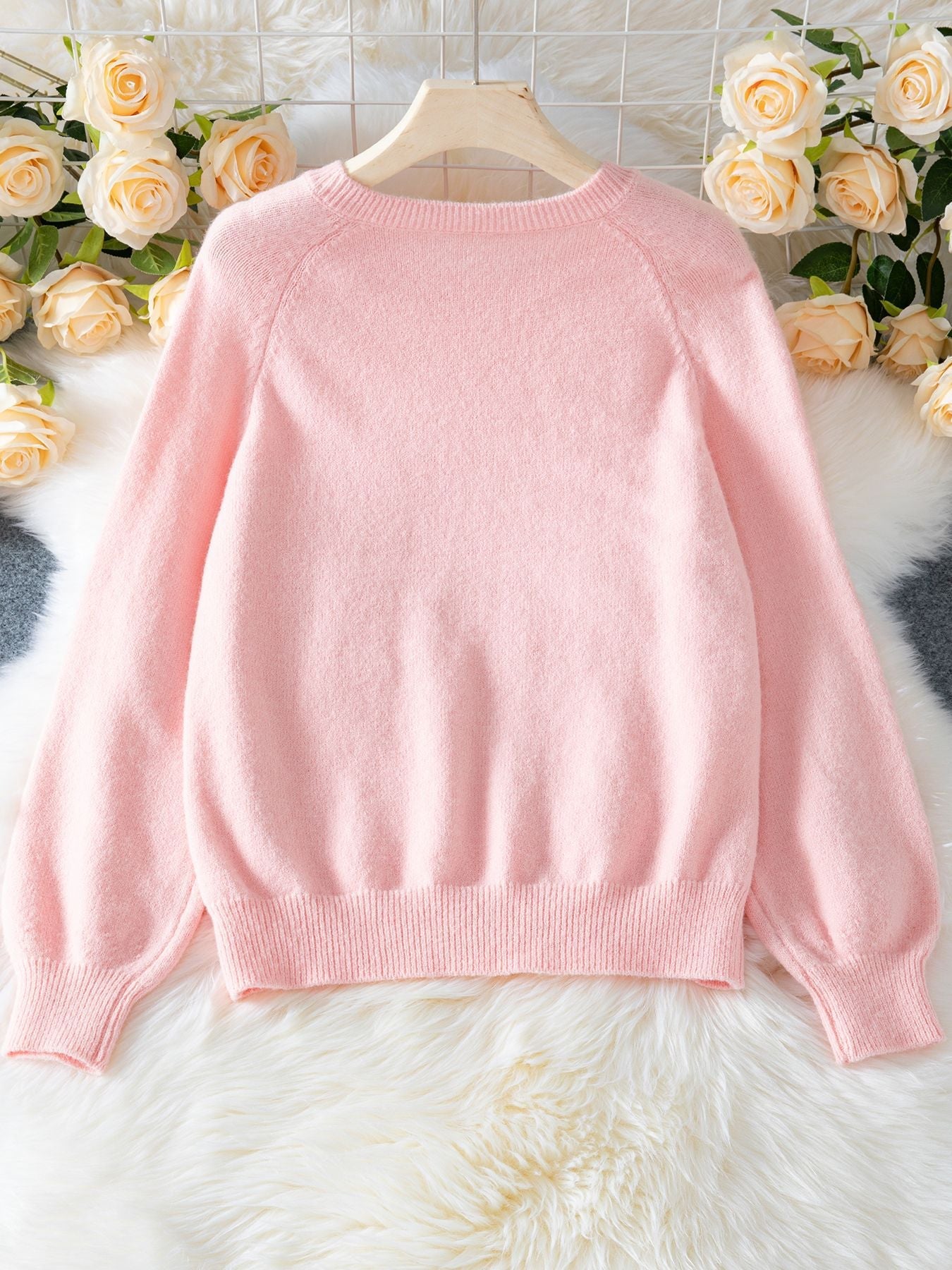 Elegant Round Neck Raglan Sleeves Knit Sweater