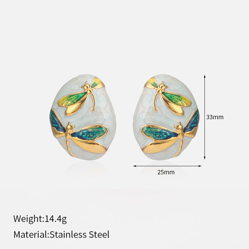 Asymmetrical Oval Enamel Dragonfly Stud Earring