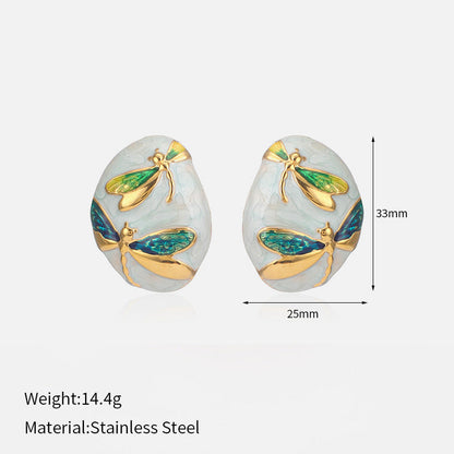Asymmetrical Oval Enamel Dragonfly Stud Earring