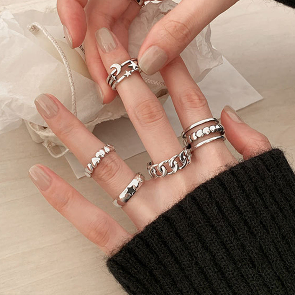 9-Piece Set Of Vintage Crying Face Rings, Playing Card Rings, Hollowed Out Love Rings, Daisy Rings, Alloy Chain Rings