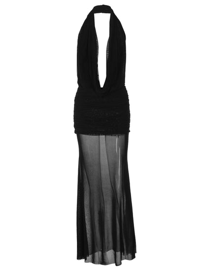 Fashionable Hollow Backless Deep V Bodycon Dress and Mesh Skirt Set