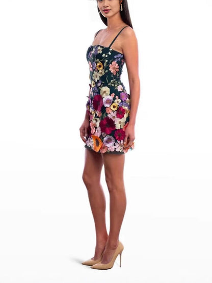 3D Floral Embroidered Slip Dress Elegant Polyester Summer Dress