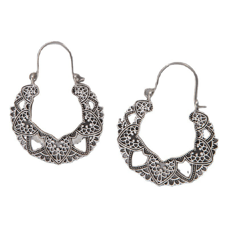 Vintage Geometric Metal Hoop Earrings With Floral Patterns
