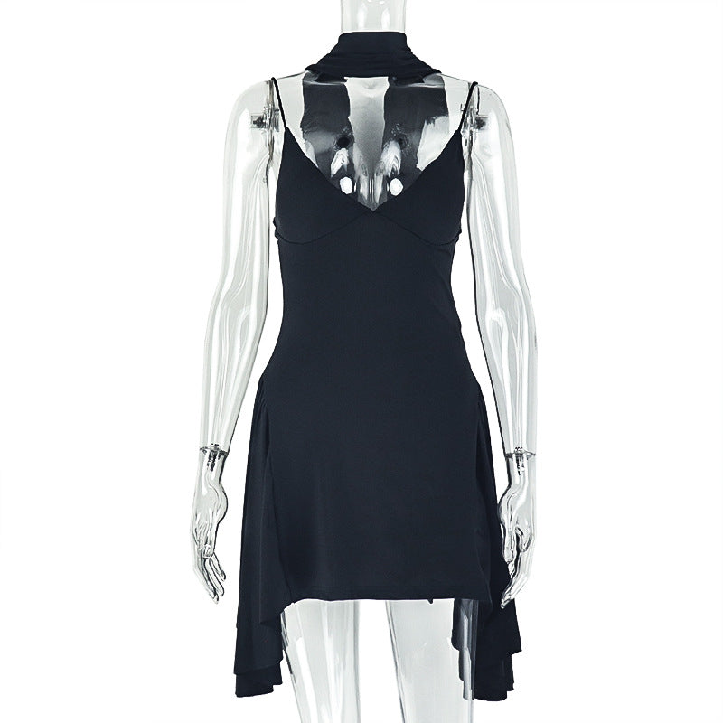 Solid Color A-Line Dress With Halter Neck And V-Neck