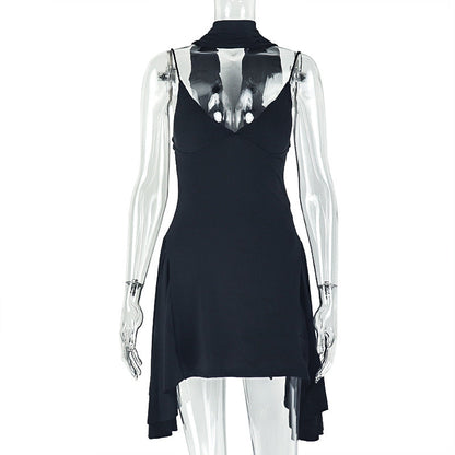 Solid Color A-Line Dress With Halter Neck And V-Neck
