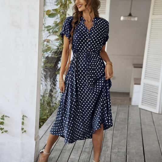 Polka Dot High-Waisted Tie Dress Casual Vacation Look