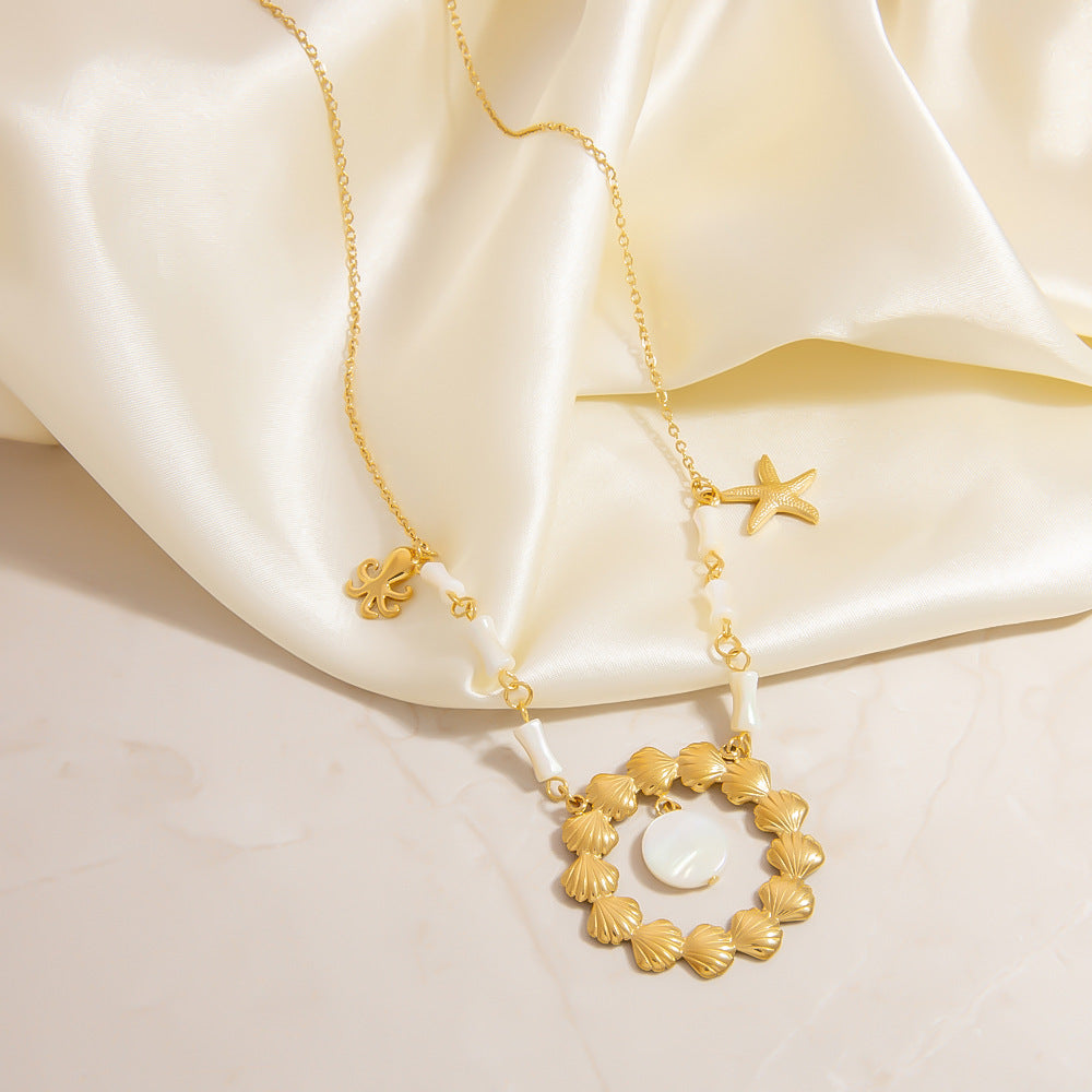Ocean-Inspired Stainless Steel Seashell Necklace with Crystals