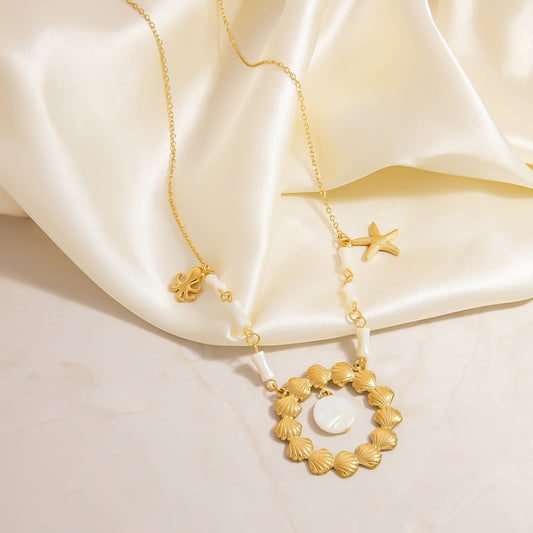 Ocean-Inspired Stainless Steel Seashell Necklace with Crystals