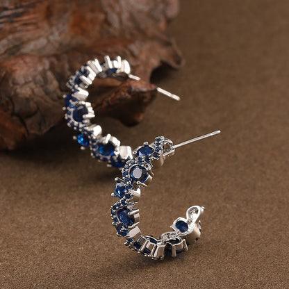 Sparkling Zirconia C-Shaped Hoop Earrings - Silver Needle, Elegant & Minimalist Design