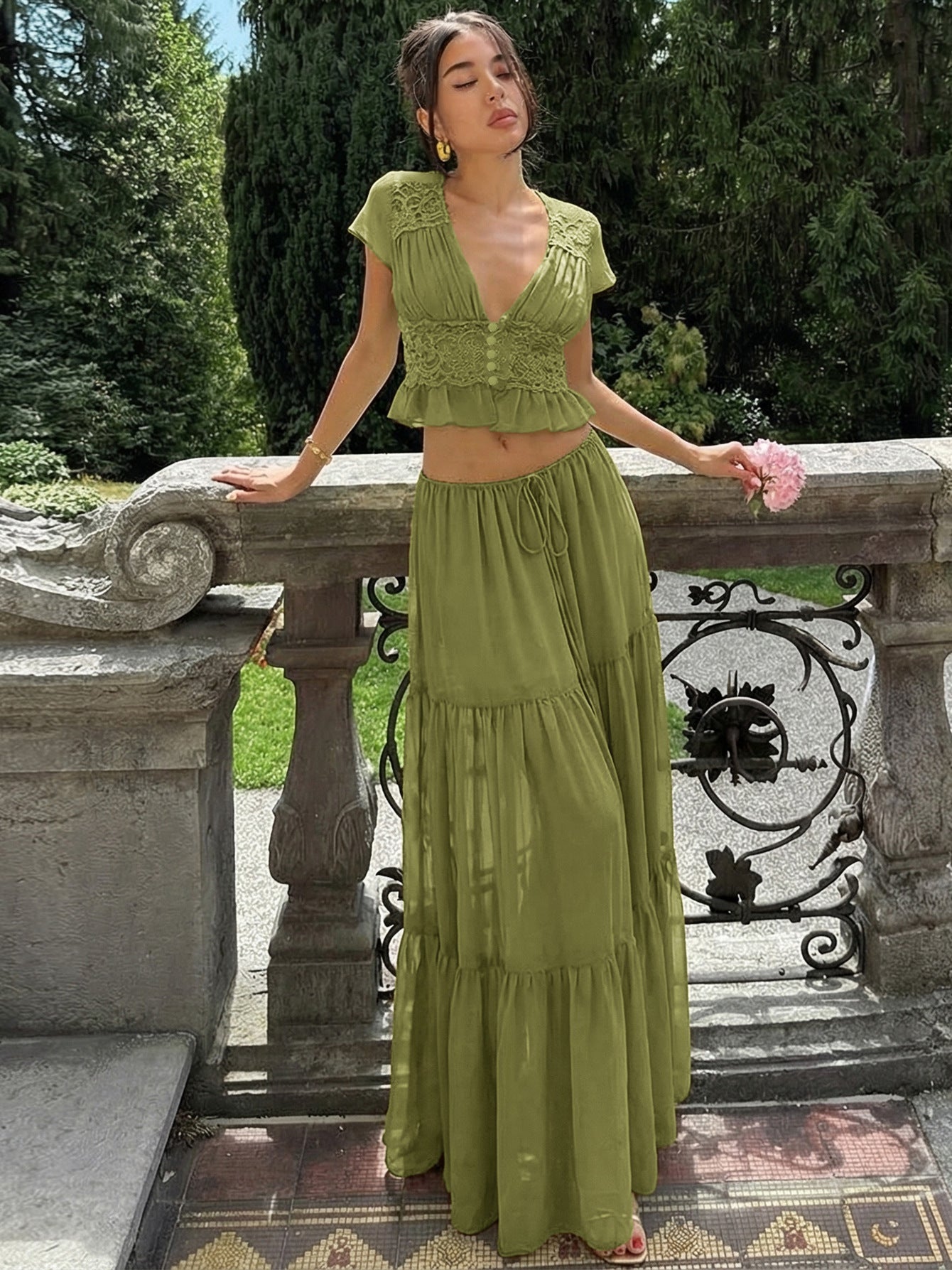 Trendy French Lace Chiffon Cardigan T-Shirt with Loose Fit Maxi Dress