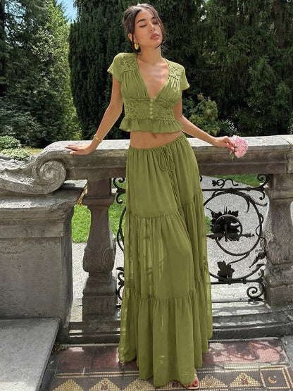 Trendy French Lace Chiffon Cardigan T-Shirt with Loose Fit Maxi Dress