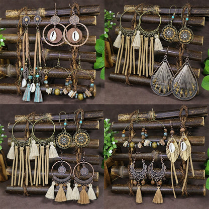 Bohemian Pearl Shell Long Tassel Earrings Geometric Circle Set