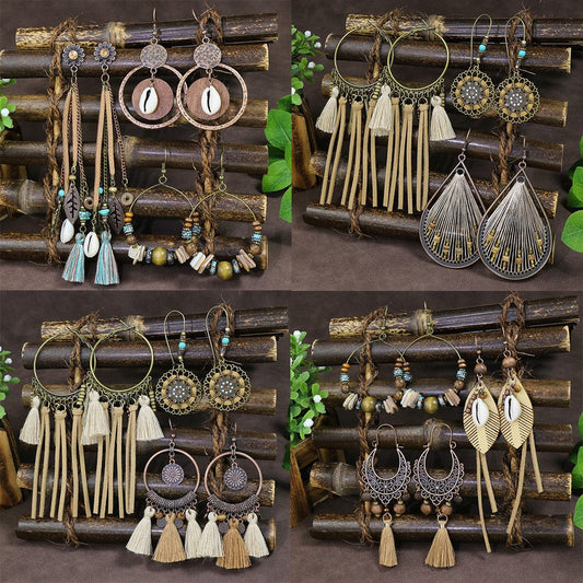 Bohemian Pearl Shell Long Tassel Earrings Geometric Circle Set