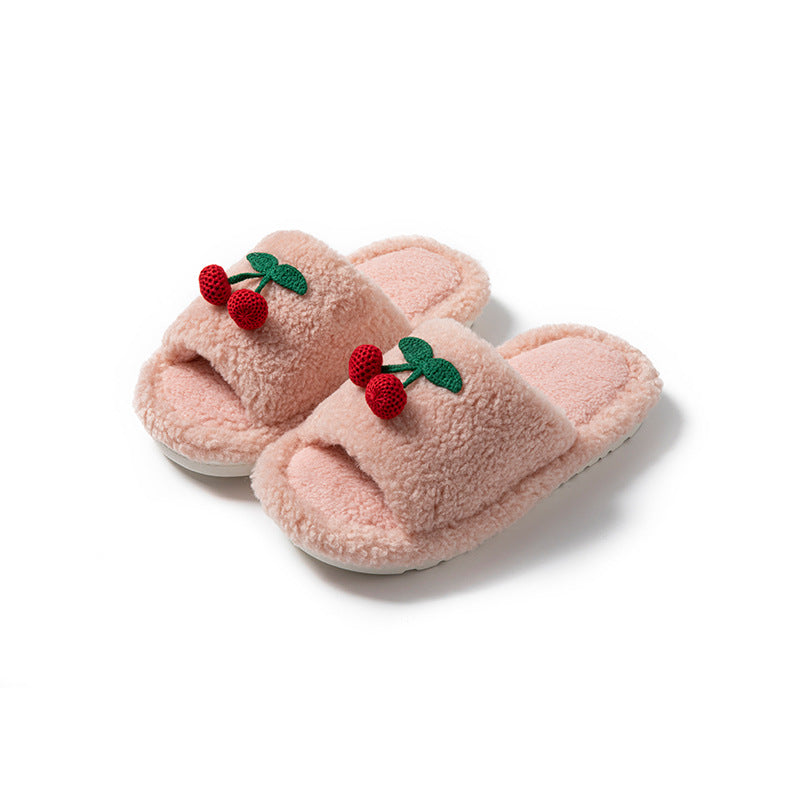 Plush Cherry Color Block Warm Slippers