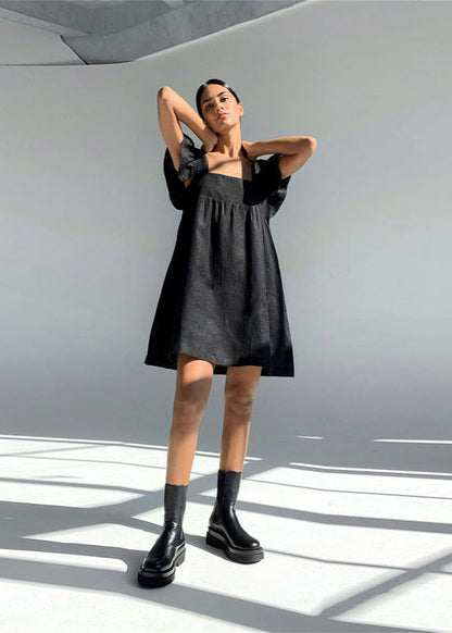 Linen Mini Dress With Flutter Sleeves And Square Neckline