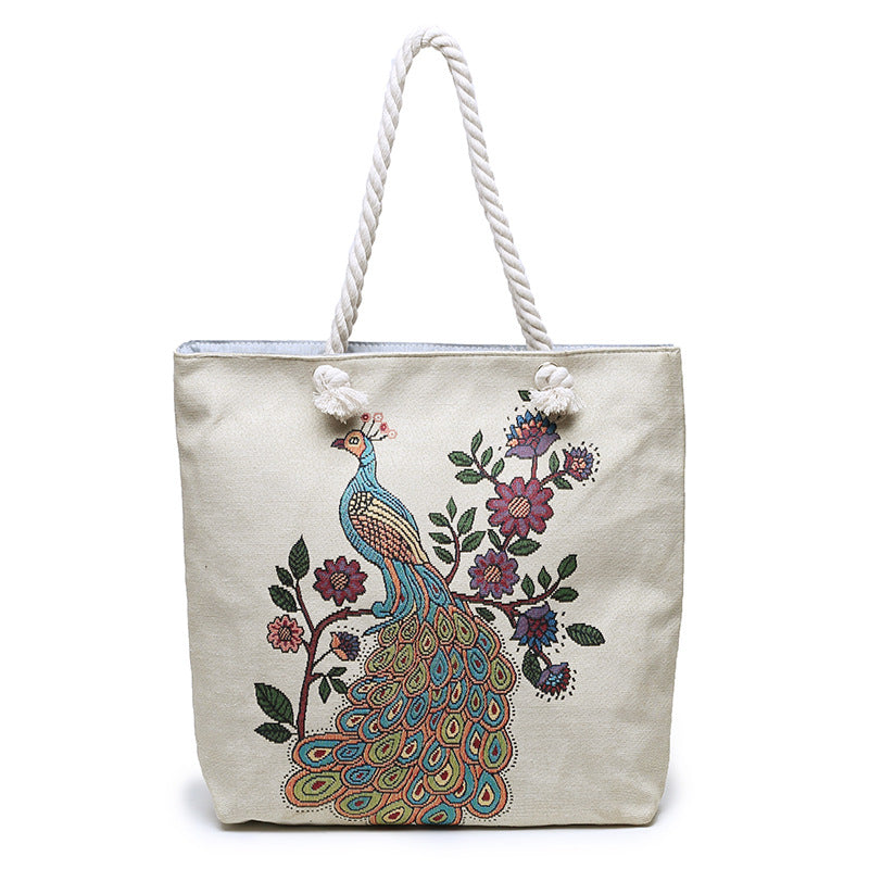 Double-Sided Ethnic Style Embroidery Bag Women'S Live Embroidery Peacock Elephant Canvas Bag