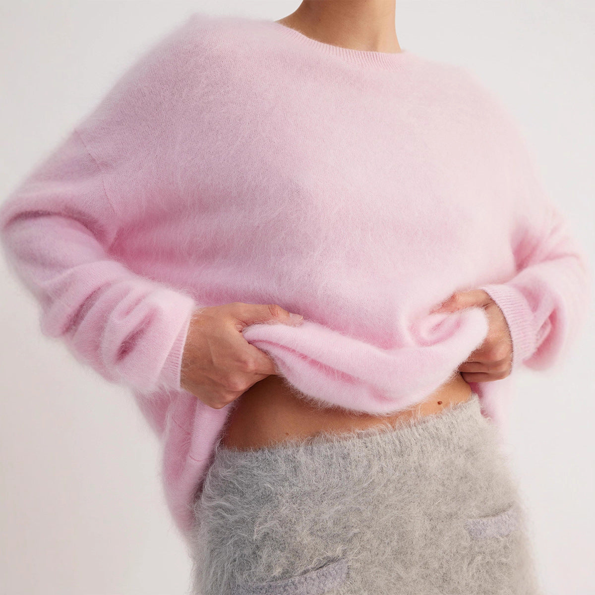Winter Fuzzy Crew Neck Solid Color Knit Sweater
