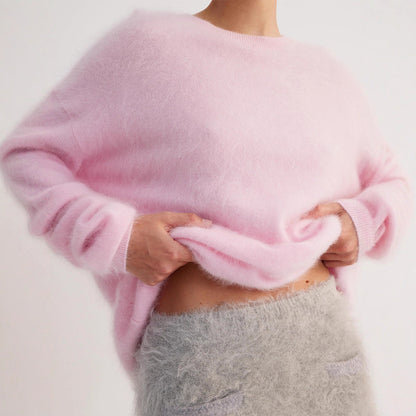 Winter Fuzzy Crew Neck Solid Color Knit Sweater