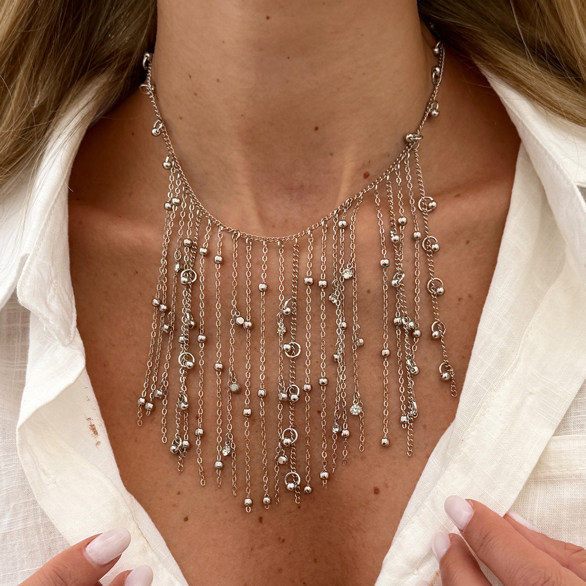 Geometric Tassel Necklace With Rhinestones