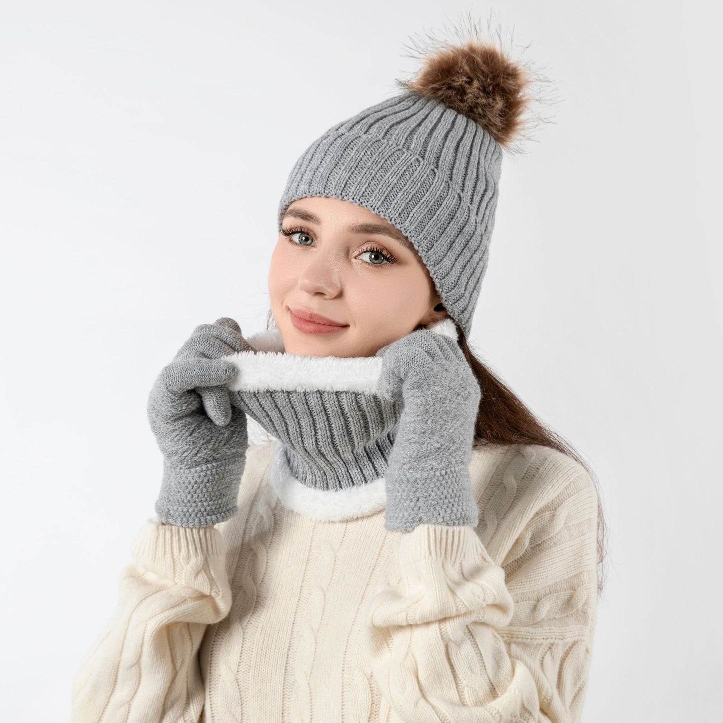 Warm Knitted Winter Scarf, Hat, and Gloves Set