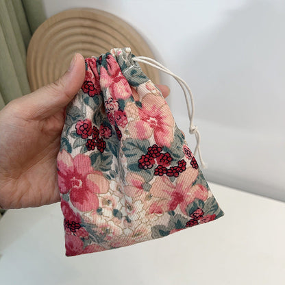 Mini Drawstring Corduroy Canvas Bag Portable Floral Storage Pouch