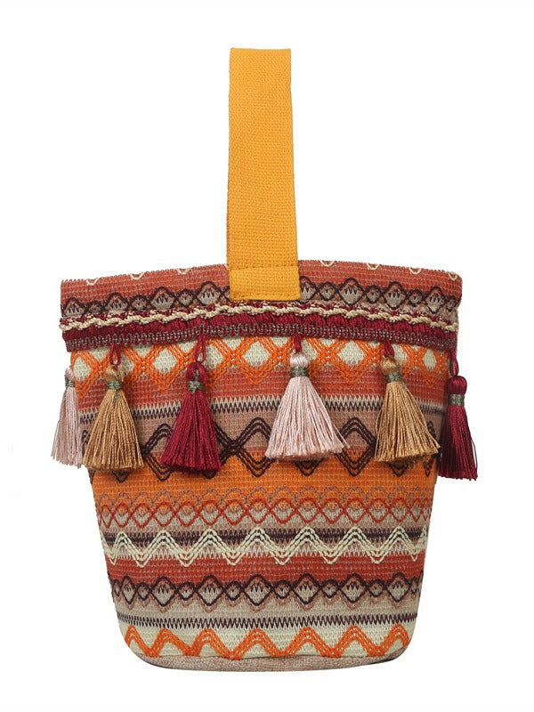 Vintage Ethnic Style Women's Bucket Bag with Embroidery and Tassels