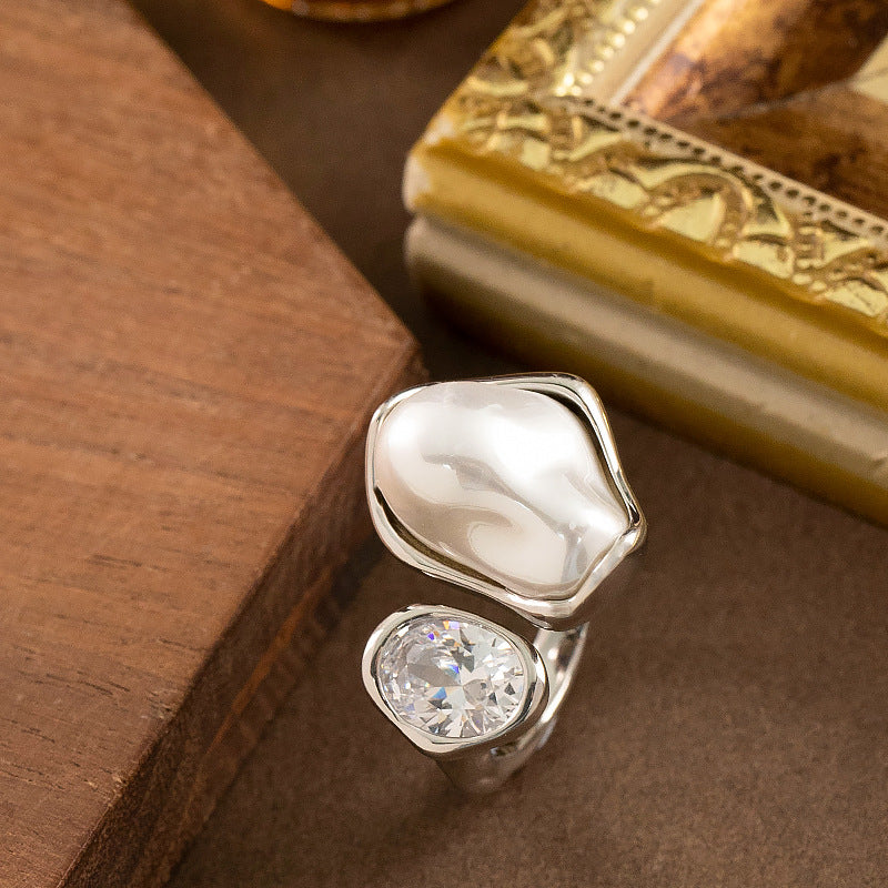 Elegant Design Adjustable Open Ring With Pearl And Zircon