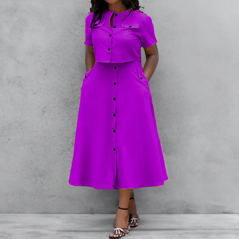 Elegant Solid Color Casual Short Sleeve Top and Skirt Set