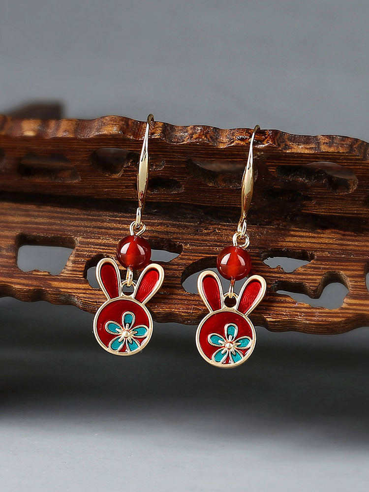 Red Earrings Antique Rabbit Earrings With Cheongsam Retro Sterling Silver Ethnic Earrings