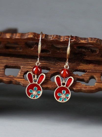 Red Earrings Antique Rabbit Earrings With Cheongsam Retro Sterling Silver Ethnic Earrings
