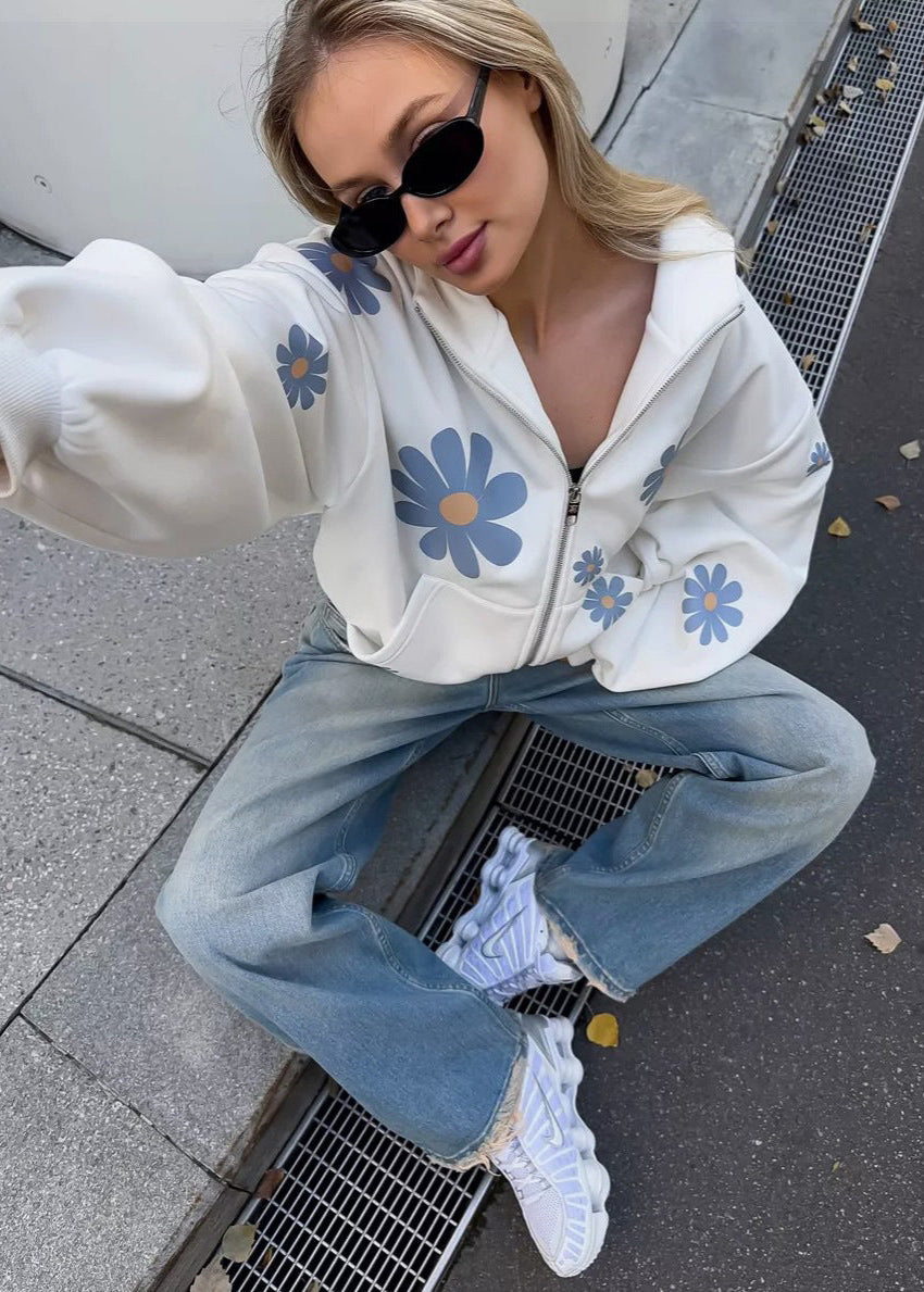 Oversized Hoodie With Floral Daisy Print
