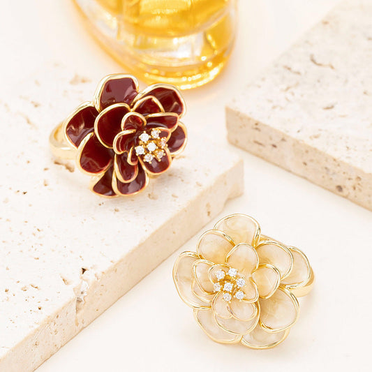 French Elegant Adjustable Drip Glaze Floral Open Ring