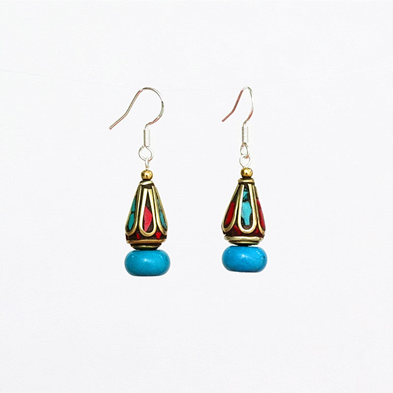 Original Ethnic Tibetan Earrings Female Sterling Silver Natural Turquoise Earrings Nepalese Vintage Palace Earrings